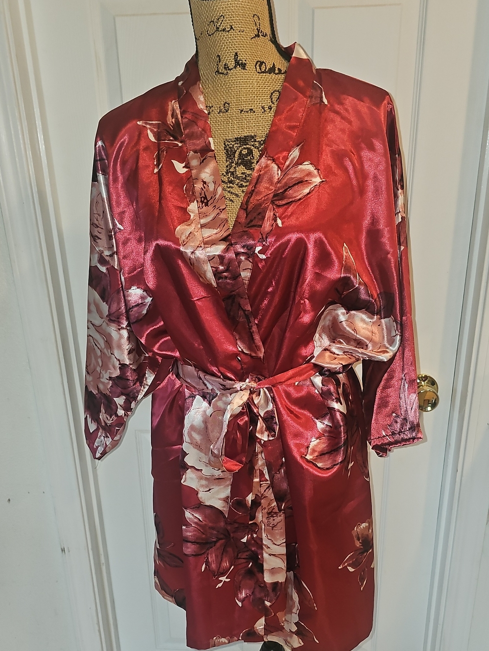 "Bridesmaid" Red Floral Satin Wrap Robe